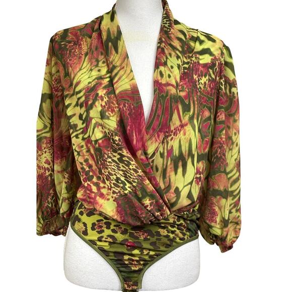 Bisou Bisou green floral bodysuit, medium, bold, Y2K revival, maximalist, glam - Picture 1 of 4